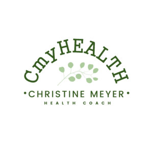 text saying "CymHealth" and "Christine Meyer Health Coach" with a green leaf logo in the center